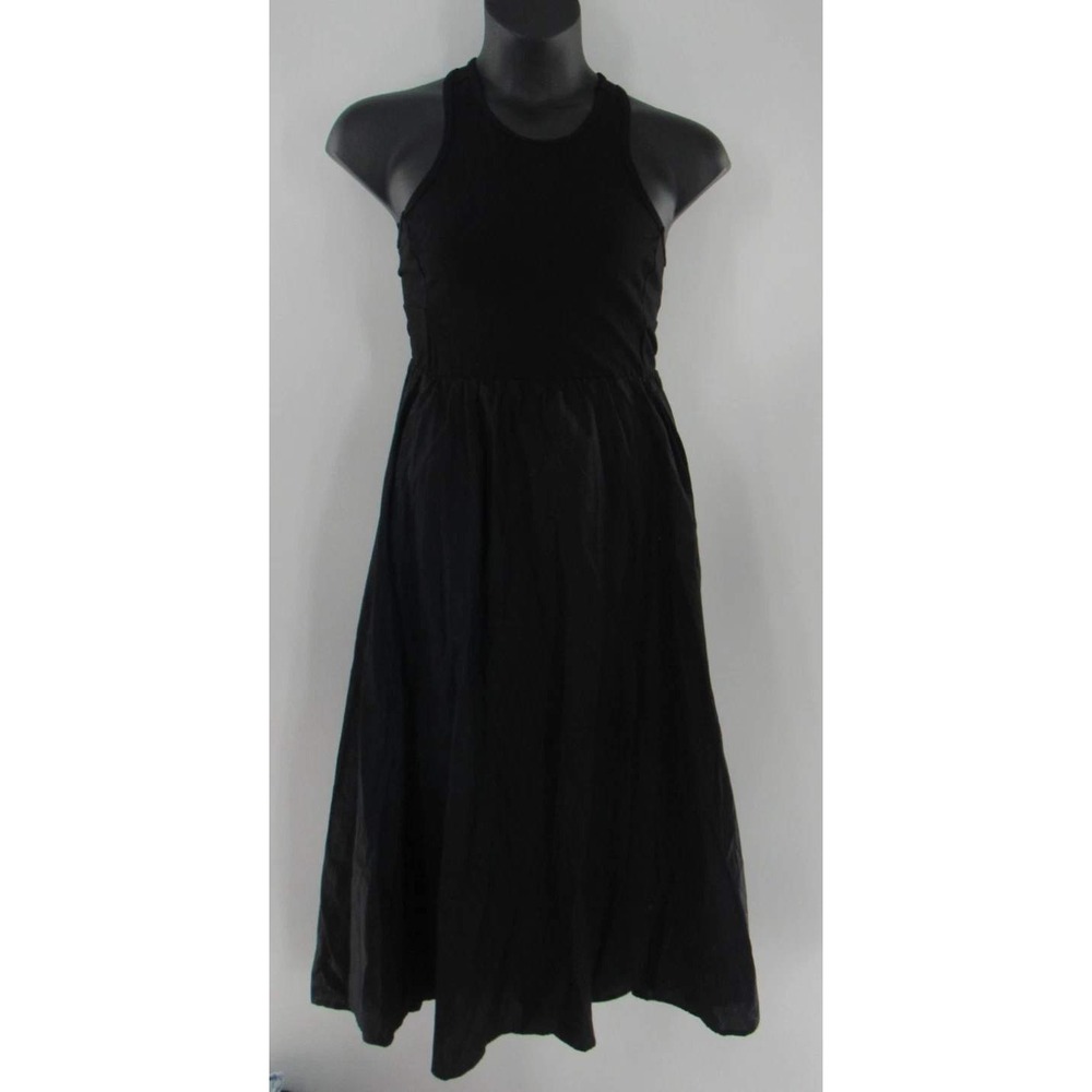 Women's Black Solid Midi Racerback Fit Flare Dress Size Medium Chic Minimalist